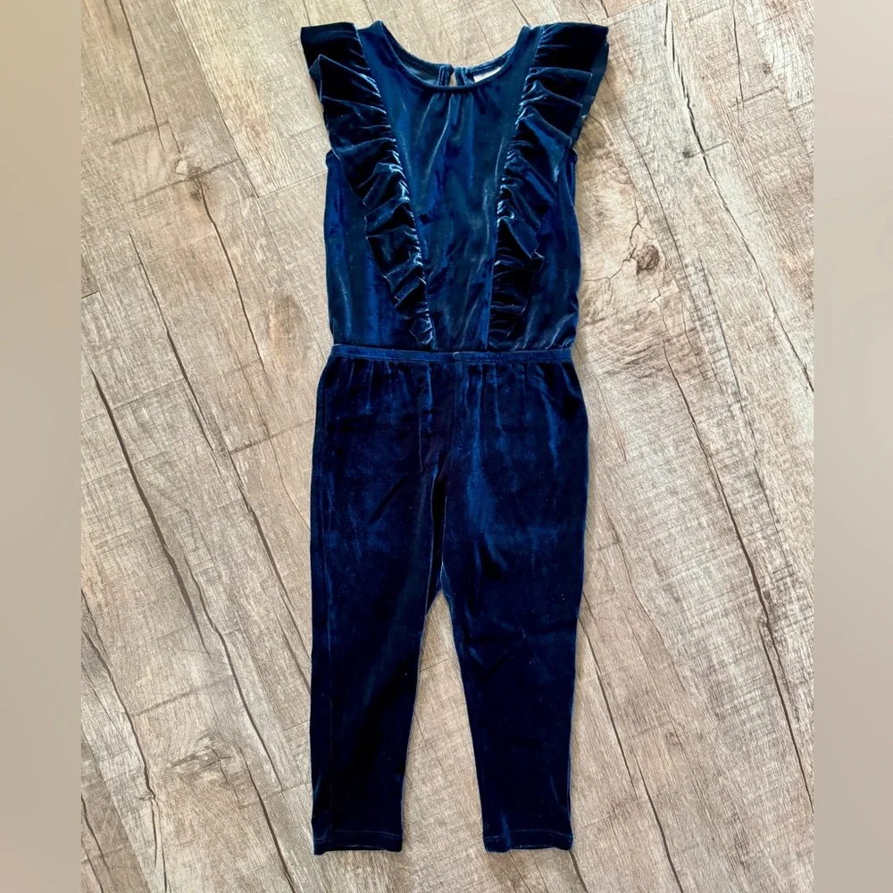 Toddler Girls Velour Jumper 3T‎ Navy Blue Ruffle Sleeveless Soft Stretch